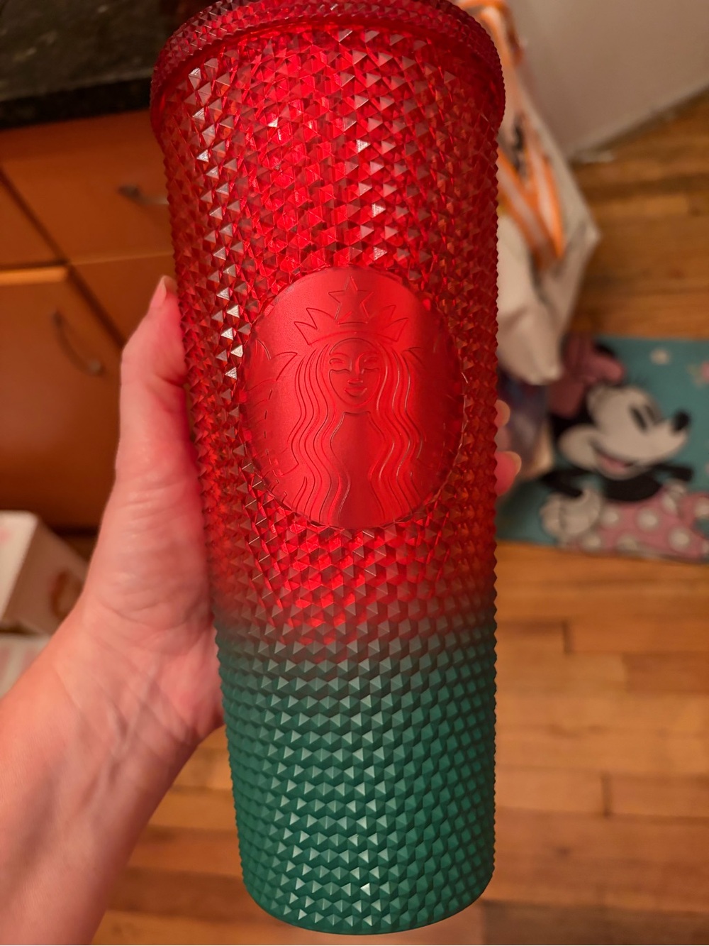 Red and green Starbucks, Disney tumbler